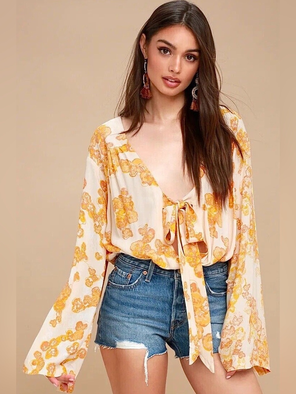 FREE PEOPLE Women's Floral Tie-Front Body Suit Blouse - Yellow/Cream Medium - Picture 1 of 17